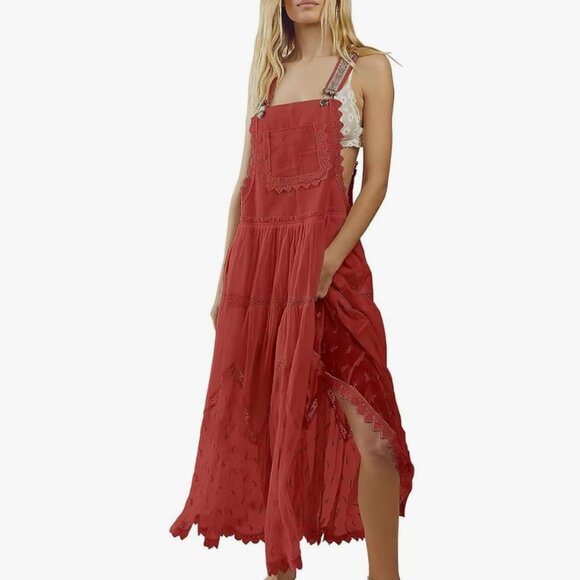 Cutout Side Overall Bib Tiered Maxi Dress - Picture 1 of 7